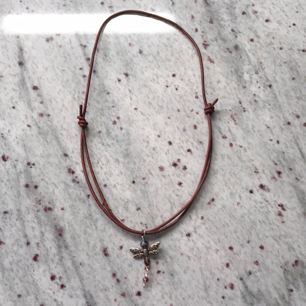 Leather string necklace dragonfly